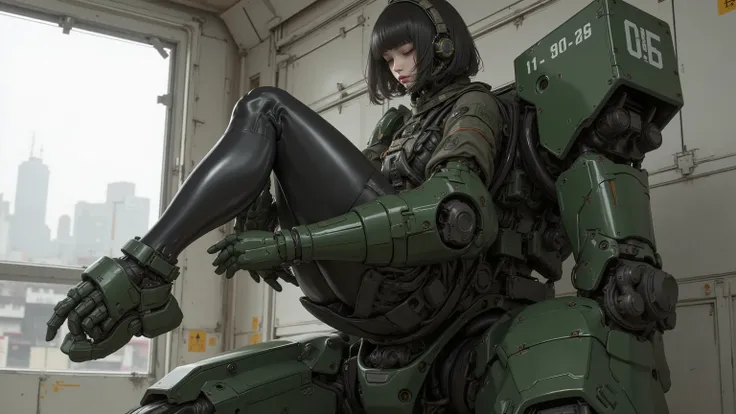 ８ｋ,  feels just like the real thing  、 Super Realism 、 realistic pictures、 A Japanese female pilot sits in a cockpit placed on the chest of a giant robot.、  black hair、 BOB CUT、 beautiful women、 moss green combat armored robots 、straight line, Rugged desig...