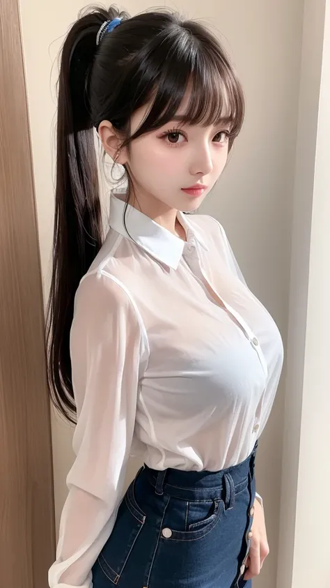 transparent colar shirt with buttons、 thin waist、 ponytail、 thin bangs 、 Hair、 1 girl,  Hi-Res,  big breasts,  look, accurate,  Masterpiece、More Cute 、The nose is taller、Overall view、