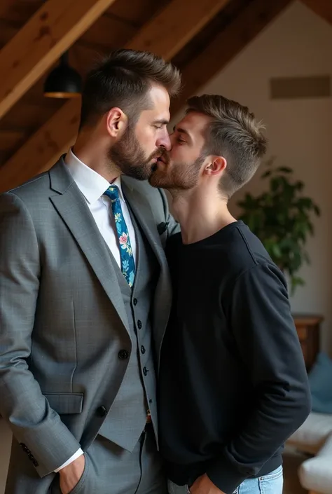 Tall and strong handsome white man in his 40s 
 short with a short beard wearing a gray 3-piece suit with white shirt and sky blue tie and plant print kissing a handsome tall and strong 30-year-old man with short brown hair without a beard wearing a black ...