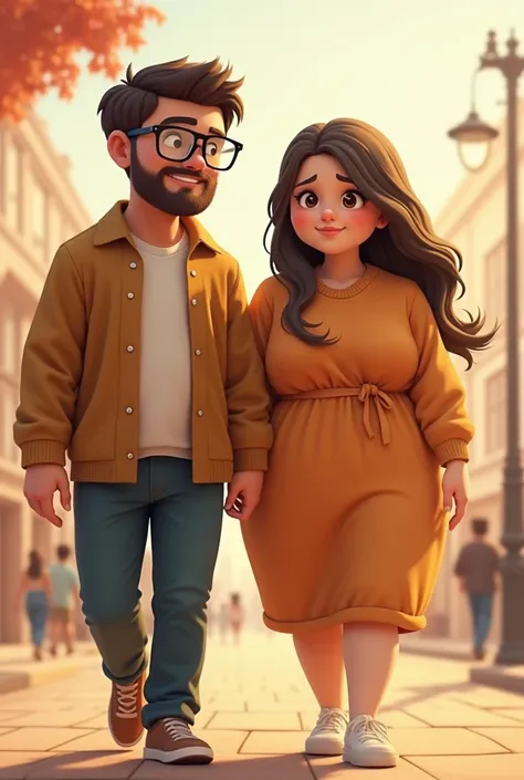 He creates the image again, but they are walking together, his lenses are transparent., And she must have a chubby body,  straight hair 