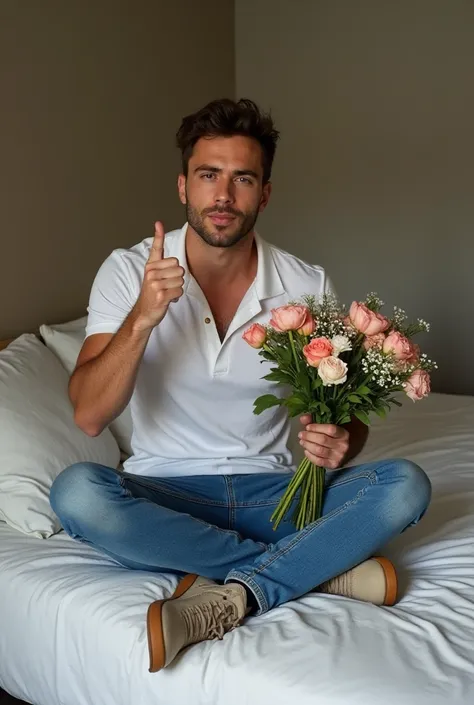 Un jeune sportif portuguais, en jeans, polo et chaussures de chantier boueuses, debout sur un lit, piétine un bouquet de fleurs, les fleurs éparpillées sur un draps chiffonné et souillé. Il fait un doigt d’honneur.