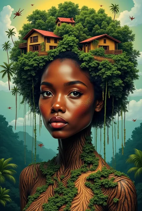 A painting of a black woman's headshot in Jamaican colours and she has leaves and trees for her hair, her skin has wood patterns and You can see roads, bridges and houses imprinted in her face