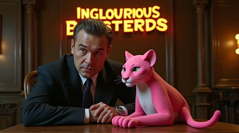 I want a discord server banner with the character Hans Landa from the movie Inglourious Basterds sitting together with a pink panther on a table. I also want a stylish title with the letters Inglourious Basterds to appear above them with golden flaming let...