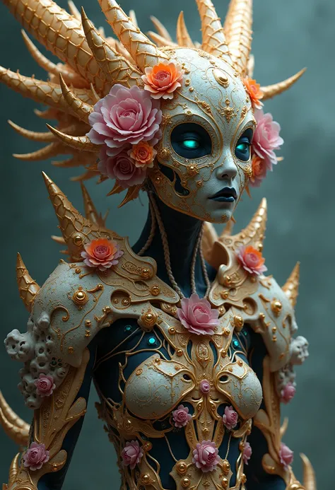     humanoid creature of indescribable love and hate  ,    absolute order and chaos    ,   pure and cruel creatures    ,    costume, skin,   flowers, spikes, freedom  ,   slavery to cable black and white   ,    liquid gold and silver accent   ,    the pinn...