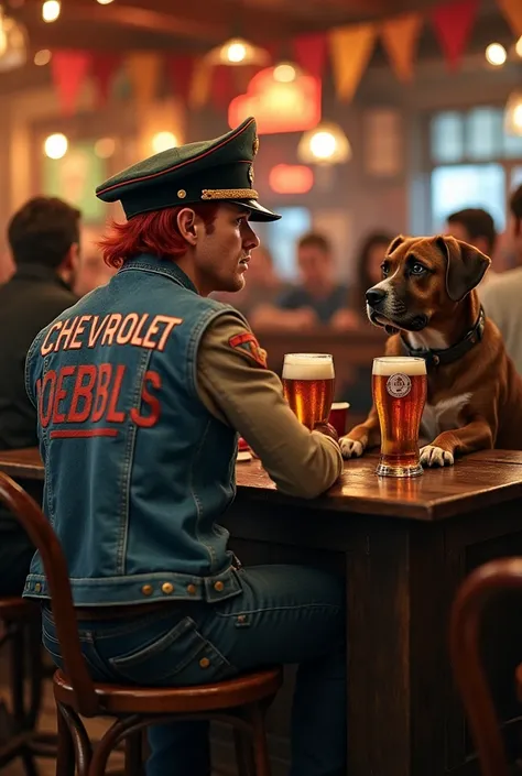  A red-haired young biker in a denim vest with the inscription on Chevrolet Goebbels and biker paraphernalia on his head, the Luftwaffe army cap on the cap is a large Goebbels inscription, sits at a table in the company of a con course dog,  at the bar tab...