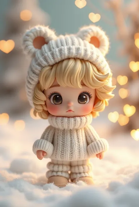 A stylized,  ultra-cute 3D figure of a boy in chibi style with a large head and tiny body proportions. she has,  round eyes that reflect light ,  giving a realistic expression , but lovely.  Your high-tech armor ,  fluffy blonde hair frames her face ,  wit...