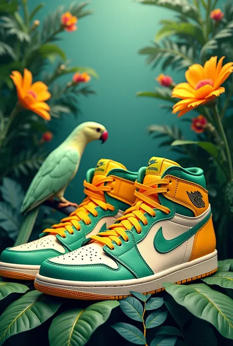 A pair of vibrant green and yellow Air Jordan 1 high-top sneakers, positioned slightly off-center towards the lower-middle portion of the image. The sneakers are placed in a stylized floral and botanical environment. The shoes are detailed with a pale yell...