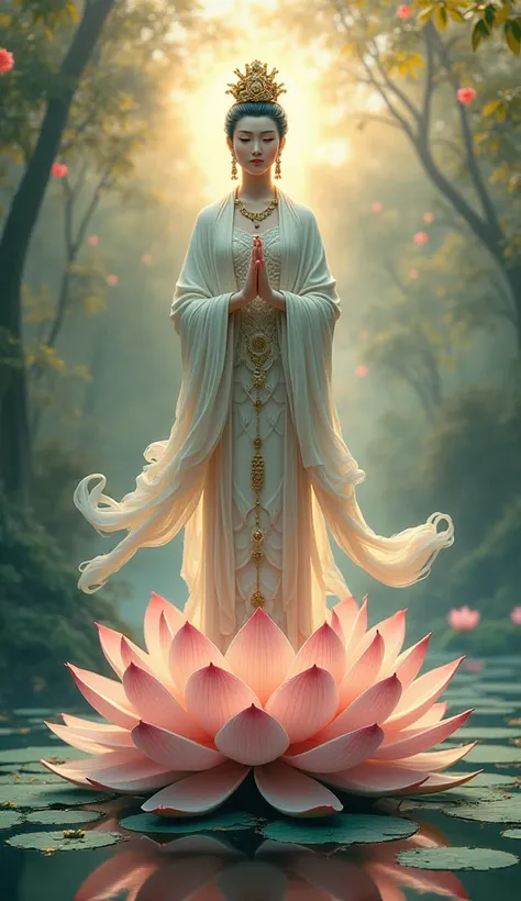 Mistress Kuan Im standing on lotus flower. Beautiful background