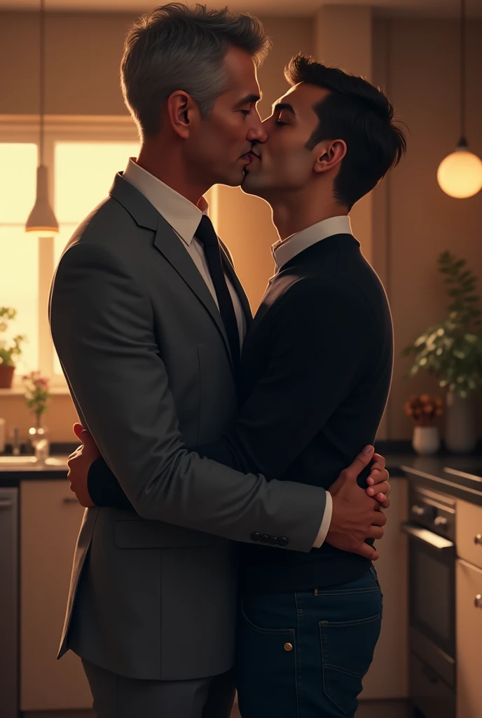 Handsome and mature single father dressed in a gray suit and tie kissing in his kitchen of his apartment a handsome young man dressed in a black sweater 