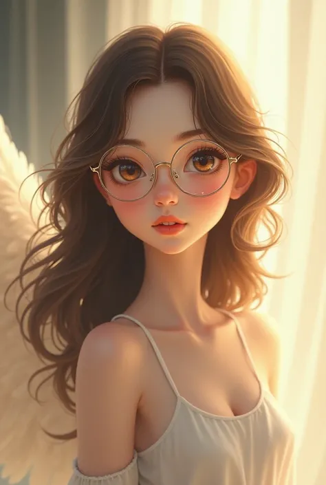 An angelic girl with long brown hair, brown eyes and glasses