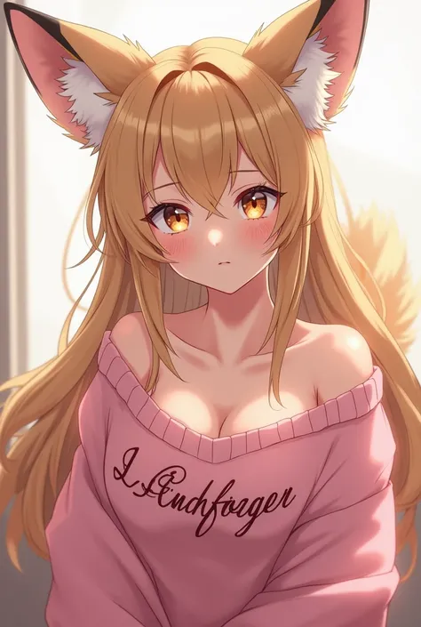 Anime girl with big fox ears and a big fluffy tail in a pink sweater with an inscription (Setrofeis) and big bare breasts