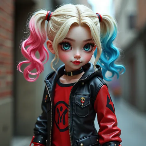 Un una Harley Quinn male version José a very cute boy, light leather balcony(parts, short soft wavy hair :rubio platinado con puntas rosas abajo y azules claro  maquillaje sombra de eyes rosa y en el otro azul (eyes:Green clothing :red, black valuable obje...