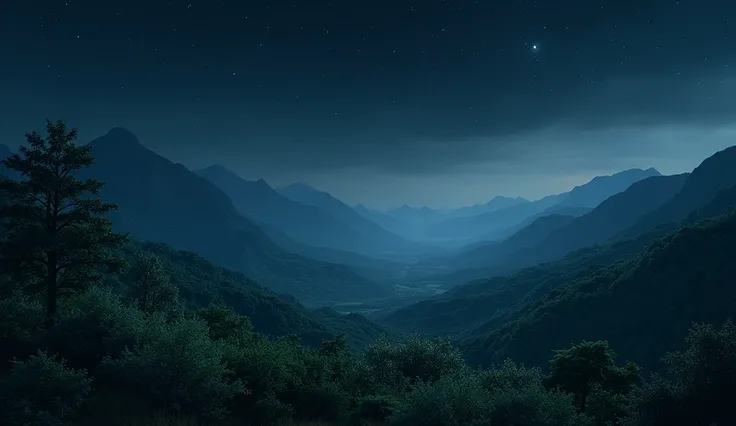 Realistic 4K night landscape with lots of greenery and mountains dark starry sky