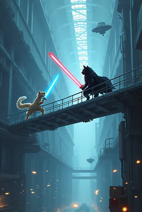 
Prompt :
“Un duel au sommet entre Chat Skywhisker et Dark Moustache sur une passerelle métallique suspendue dans un immense hangar impérial. Chat Skywhisker, un jeune félin au pelage clair, brandit un sabre laser bleu, tandis que Dark Moustache, un grand ...