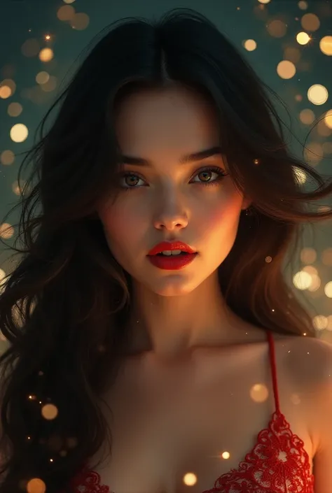 Brunette woman with long hair, a red lipstick, a shy look and a starry background with a magical side, a bit sexy and majestic. 