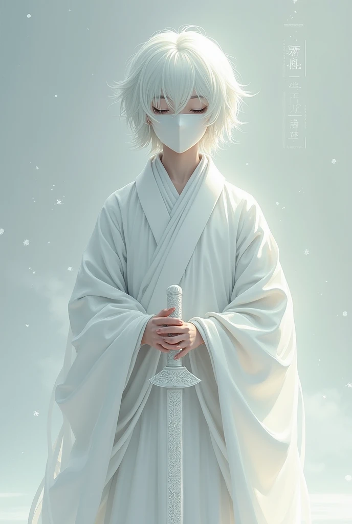 Make a boy with white hair , white mask with no mouth or nose , he must wear a white kimono 、 and have a white patterned sword