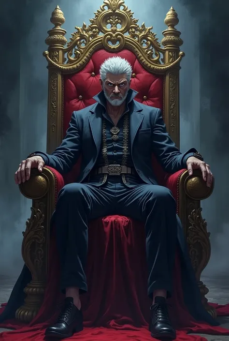 Draw him now in anime style but also cool and focus on making him look ominous and how he sits on the throne 