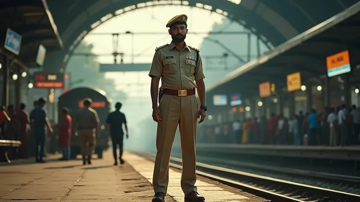 Dynamic foots side photo of a Indian cop at a railway station, dynamic photo, realistic cinematic photo, 4k quality in 3d 