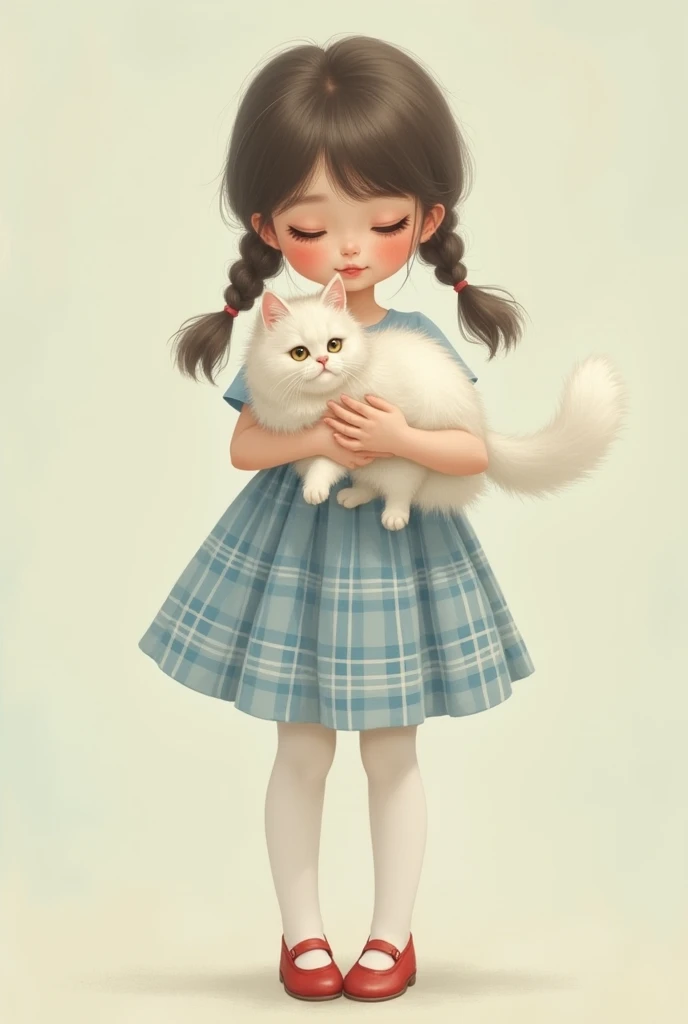 Create the image of a ten-year-old girl wearing blue and white plaid dress,  with two braids ,  red doll shoes, white pantyhose holding a white cat.