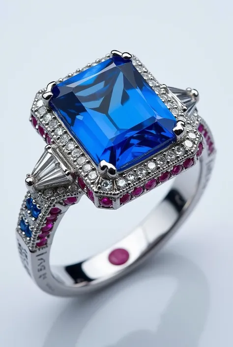  Imperial Blue Diamond Ring ,  vivid blue diamond of 8-10 carats , cushion or emerald cut ,  with an intense and deep tone ,  Frame a combination of 18k white gold and platinum ,  with hand-engraved details .  Two diamonds Trillion or baguette size whites ...