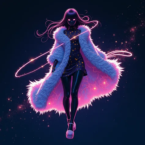 Create a bold standalone graphic design for fabric printing. A floating model with iridescent PVC-like galaxy fur (silver-violet nebula patterns). Her cloak merges constellations into glowing microchip circuits (gold seams). LED tassel hair trails with com...