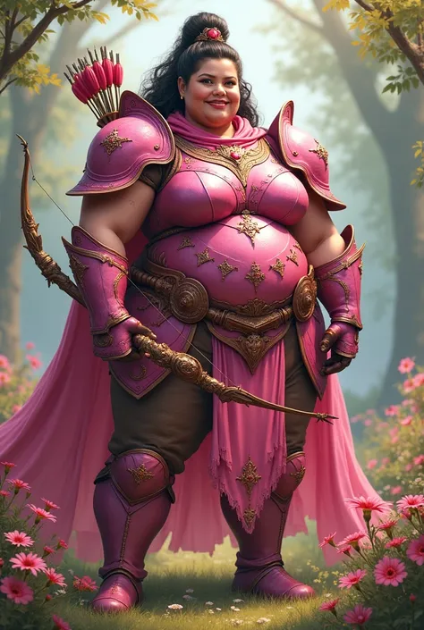 overweight female character wearing pink armor that refers to love and wearing a bow and arrow