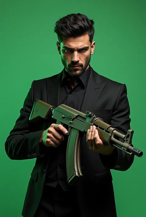 fierce young man, vape machine, AK47 weapon, black suit, plain green background