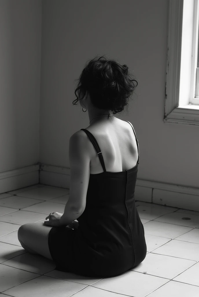 there is a woman sitting on a tiled floor in a black dress, a black and white photo by Amelia Peláez, tumblr, happening, in black and white, around 1 , 1 , around 20 yo, 18 years old, b&w photo, taken in the late 2000s, black and white