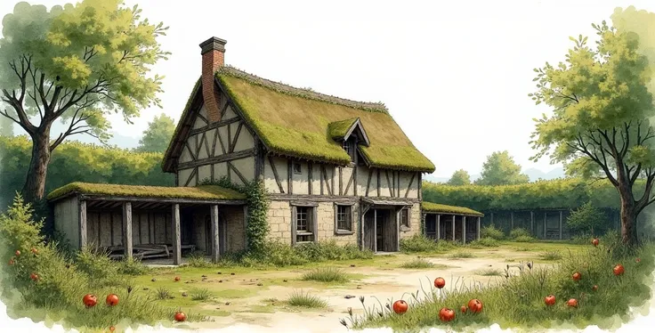 A watercolor illustration of an abandoned old farmhouse within a traditional 'clos-masure' in the Pays de Caux, Normandy. The scene is enclosed by tall, overgrown hedgerows atop earthen embankments, with ancient beech trees swaying in the breeze. The farmh...