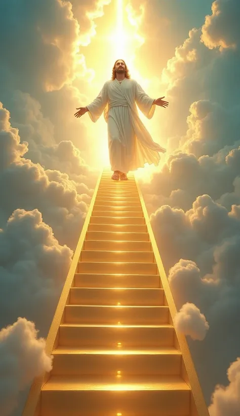 Jesus stands at the top of an immense golden staircase that stretches from heaven to earth, shining with a soft, heavenly light. His face reflects infinite peace and love, with eyes that overflow with compassion. He wears a radiant white robe, which appear...