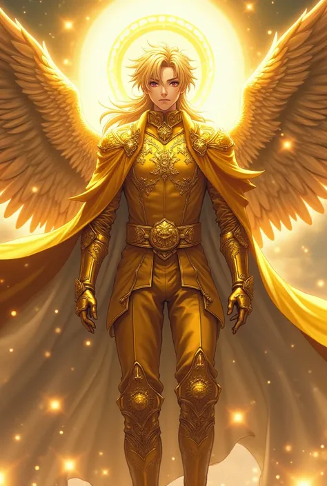 Criar imagem de personagem de anime pelo half-up therefore, royal golden shirt, royal knight Golden pants, Santa's leg protector(therefore), Golden Halo of the Divine, Royal Knight cover