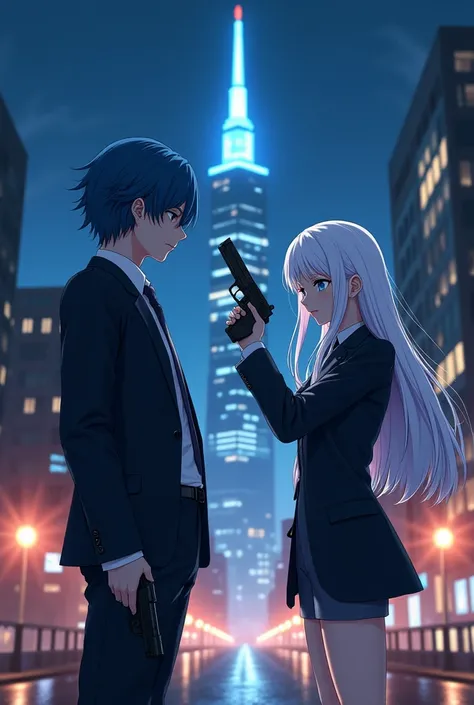 A beautiful and realistic 3D anime scene at night with a skyscraper rising from a building in Cyber City. A man with blue hair, blue eyes, wearing a black suit, holding a pistol in his hand, and a woman with long white hair, blue eyes, wearing a black suit...