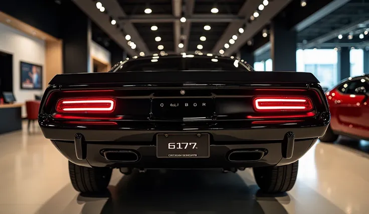 "A premium [ Plymouth cuda[black], elegantly displayed in a high-luxury showroom. The shot captures an extreme close-up of the back-side view, showcasing the taillights, rear bumper, and aerodynamic curves with showroom lighting enhancing its premium appea...