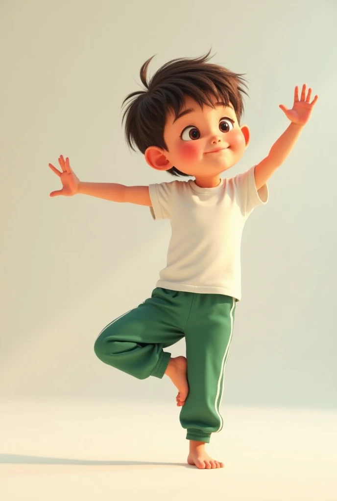 Small boy doing yoga exercise wearing white tshirt and green full length sweatpants with white line on sides animated very cute