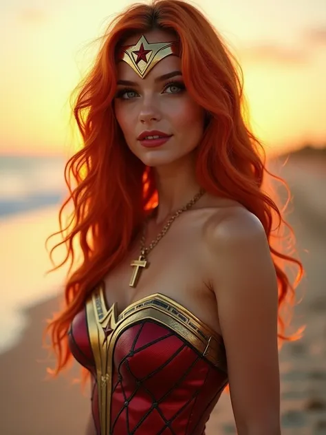   The camera looks directly at the girl  )),    photos of a beautiful sexy petite girl with long red hair and green eyes, standing on the beach , turning slightly to the side,   nice figure, (   Thin slender wasp waist   , toned abs), red lips,  long eyela...