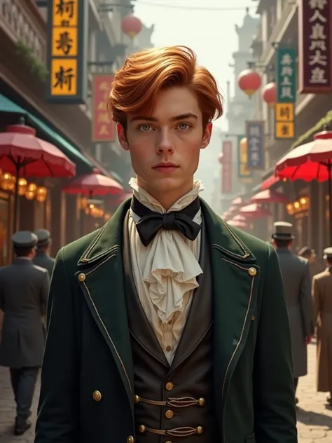 Handsome young man with reddish blond hair and green eyes wears an 1860 suit on his back you can see a Hong Kong entertainment venue of the time 