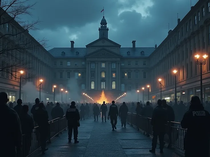 Night view of the center of a Scottish city.  cloudy weather. There is a large hospital and some barricades in the front. Police officers try to calm down a crowd.