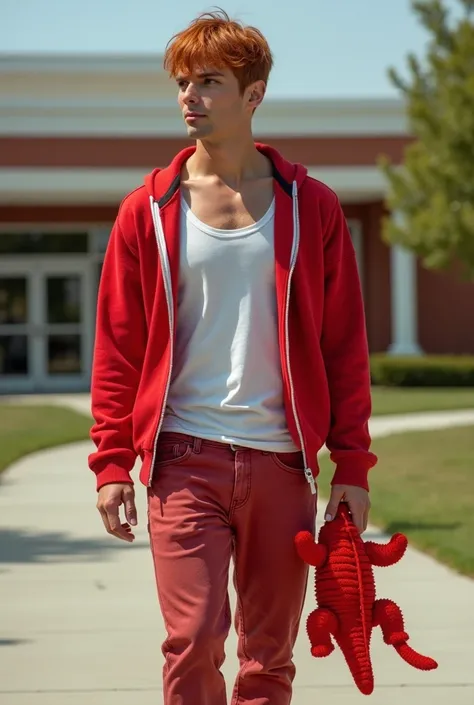 A realistic image of an American man with tanned skin, short straight red hair. wears an open red sweatshirt, a white tank top, red jeans, red socks, red shoes. he is carrying a red alligator plush. in the background a school