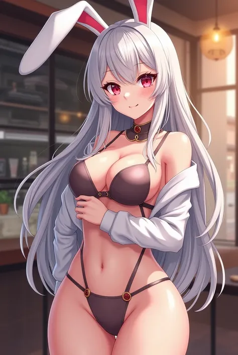 Create an Ihwa fanart from Hero Killer with respect for the Manhwa design,  of silvery-white hair and eyelashes, crimson eyes and a slightly muscular body,  hips and big breasts , dressed as a bunny and in the background a coffee shop 