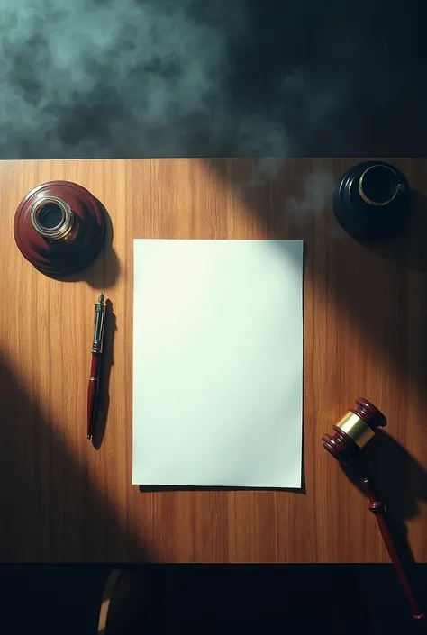 Generate a visually striking, clean and artistic top view image of a wooden desk with a surreal, atmospheric feel. At the center, a blank sheet of paper is perfectly aligned, facing the viewer directly, almost glowing under a mysterious light. A finely cra...