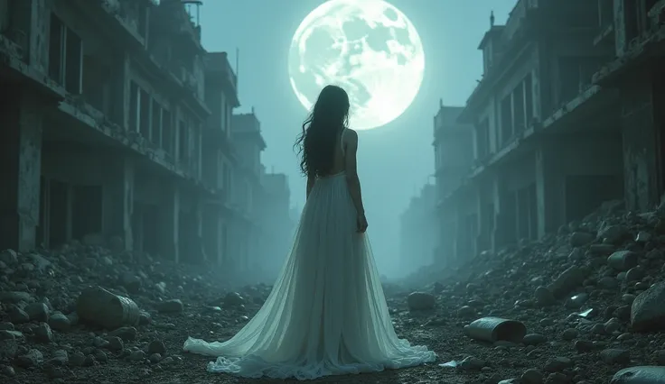 A lonely women in a demolished area in the night under full moon in white clothes slightly revealing