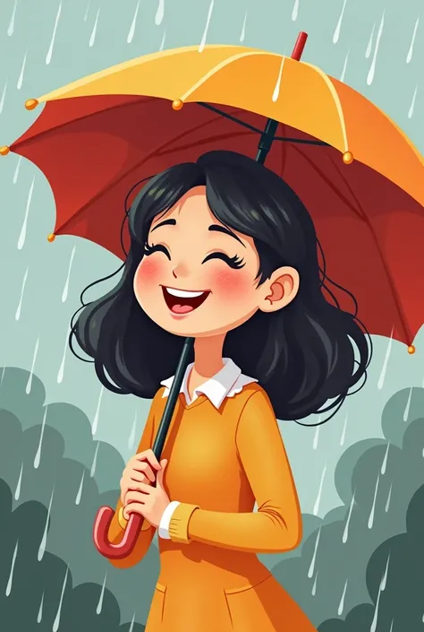 Simple cartoon of happy woman with umbrella in the rain