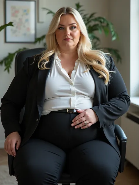 Beautiful plus-size model wearing tight office clothing, young woman, white woman, elegant blonde hair, beautiful blonde hair, sitting in office chair, office setting, too fat for chair, too fat to stand up, hyper obesity, morbidly obese, morbidly obese wo...