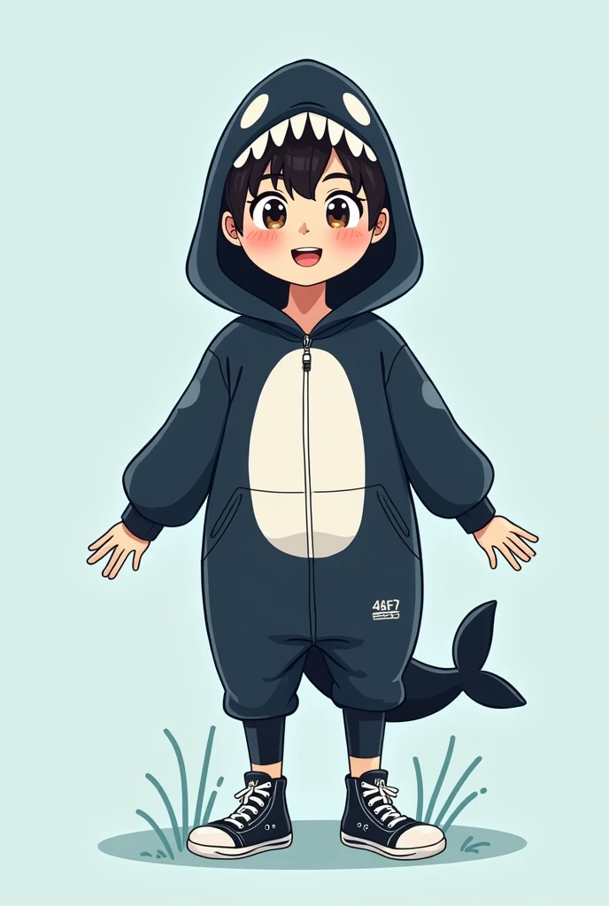 A handsome Korean 20year guy wearing a killer whale-shaped clothes in cartoon