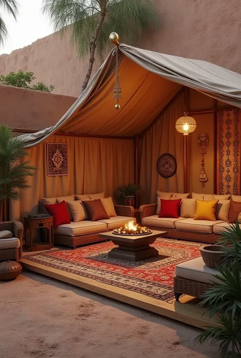 An Arab tent with a corner photo session in the middle of which are sessions for eating, drinking and meeting friends. Next to the tent is a long wall made of clay and brick