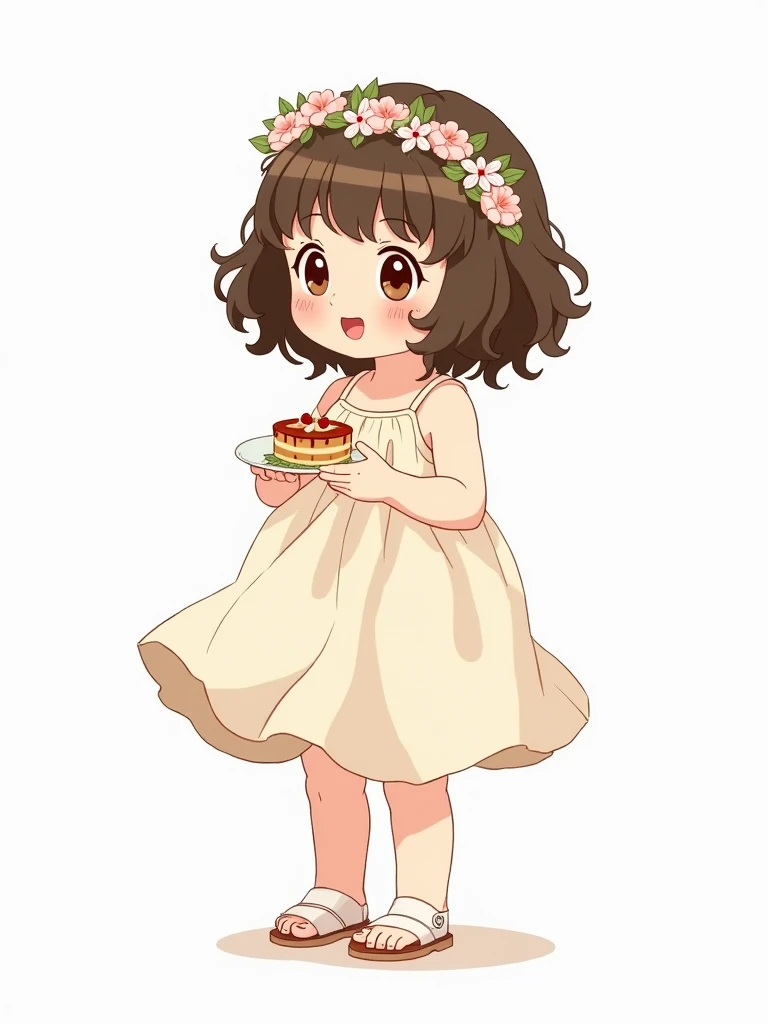 Ghibli art happy  baby girl drawing, fair skin, small brown eyes, short curly brown hair with bangs, blushed cheeks, round face, simple wine strap dress, white sandals, wreath of delicate flowers, on a white background In different positions, holding a sma...