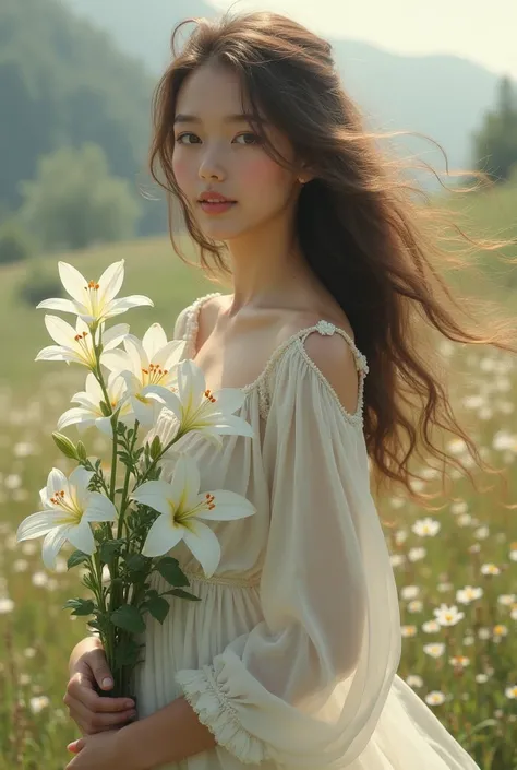  A beautiful girl with long wavy hair in a bohemian dress, holding white until