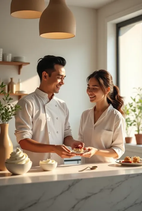 Generate an image with the AI using the description below .

man and a woman working happily in a minimalist yogurt and dessert shop 