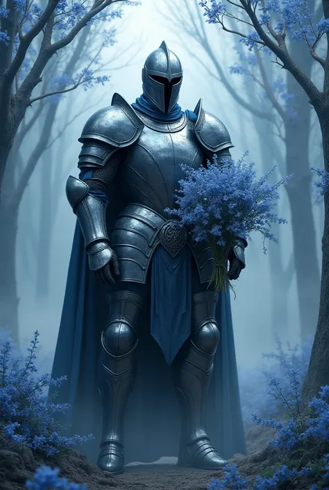 A masculine and well-built armored knight, with both his face and body covered in armor, standing among navy blue trees and flowers, holding a bouquet made of navy blue flowers.

