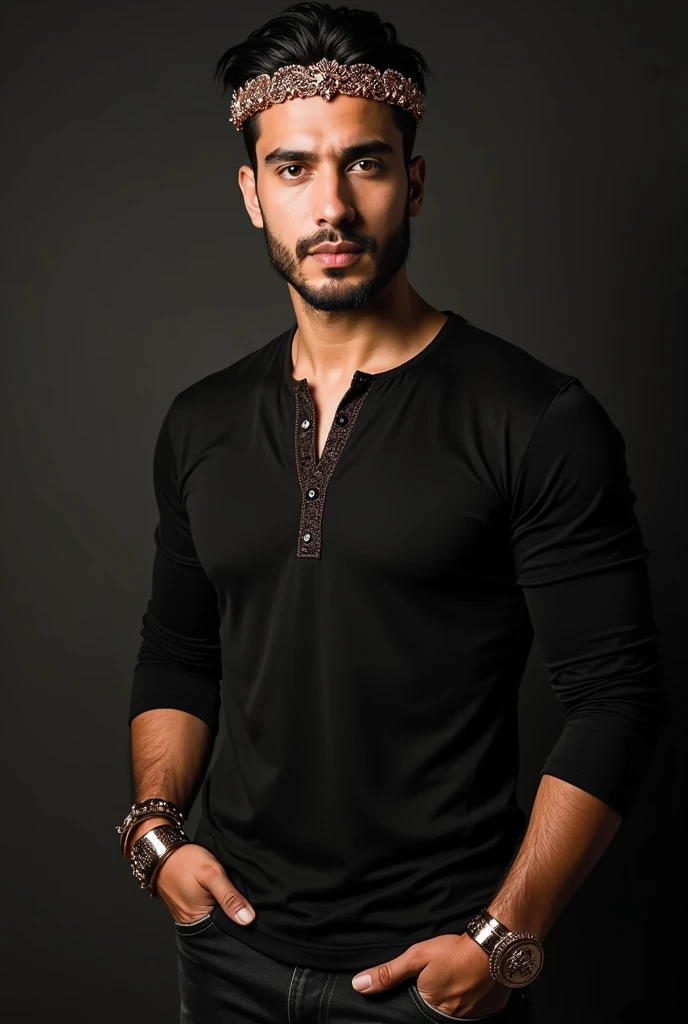 hot asian guy with stubble, godfrey gao vibes, wearing henley black shirt, rose gold jewelry and rose gold accents over black clothes, rose gold metal armband jewelry, rose gold baroque pattern over shirt, wearing rose gold roman laurel crown, rose gold la...